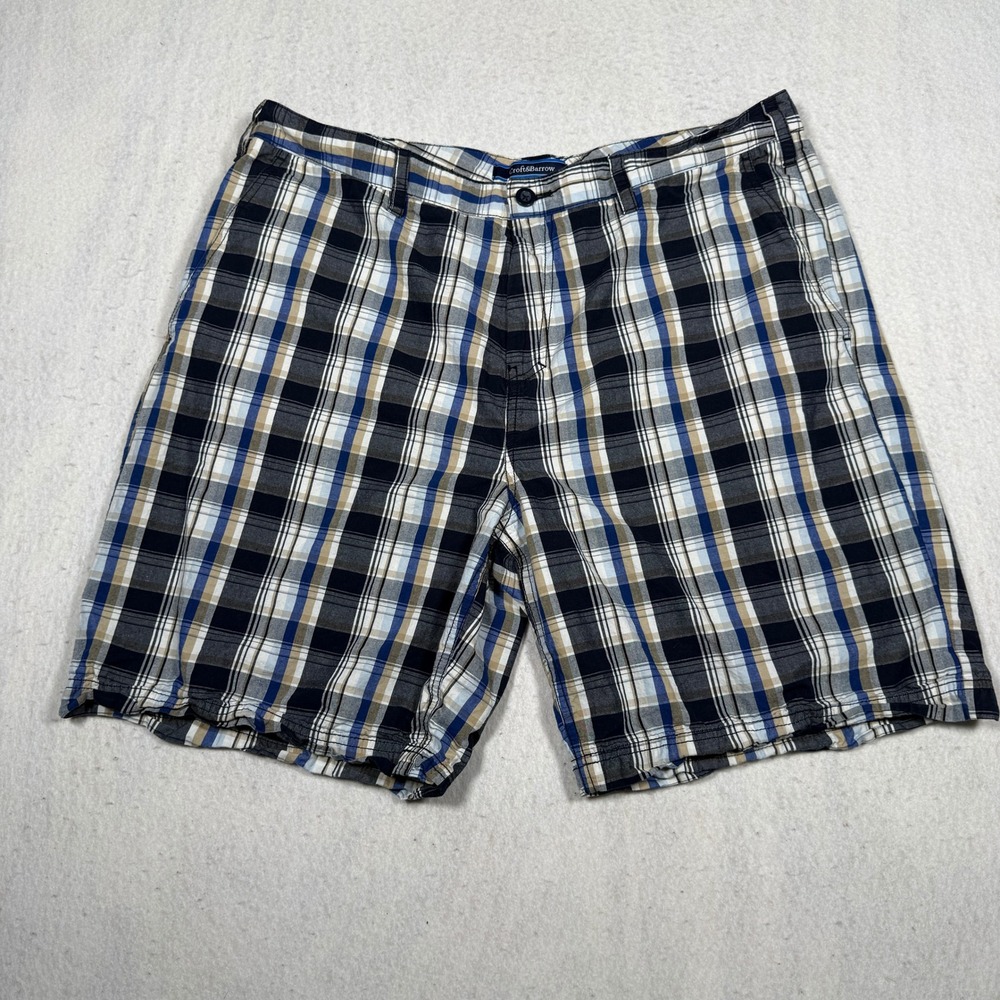 Croft & Barrow Mens Plaid Shorts Blue Black Tan Cotton Flat Front Size 38